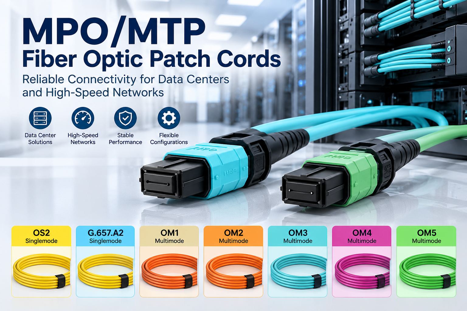 Jarretières optiques MPO/MTP : OS2, G.657.A2, OM1, OM2, OM3, OM4 et OM5